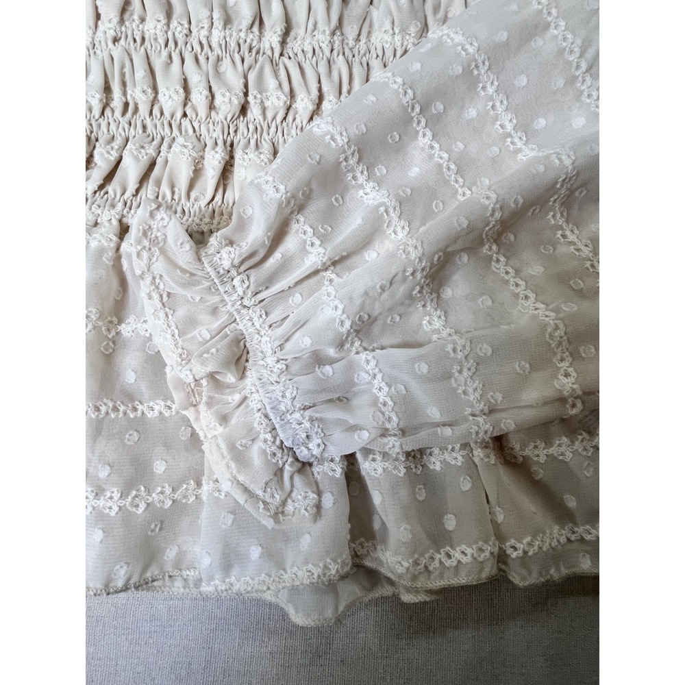 Cider Cream Smocked Peplum Blouse sz M Mock Neck Swiss Dot Embroidered Romantic - Picture 4 of 16
